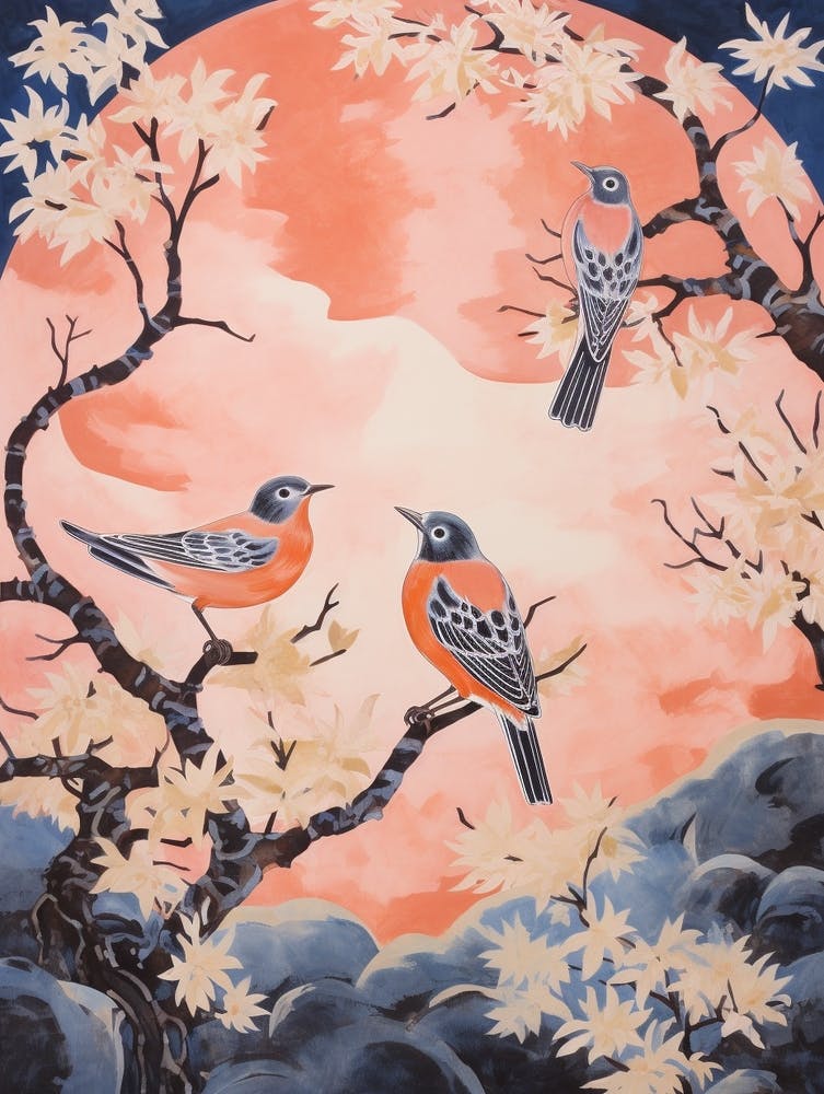 Vintage Japanese Inspired Bird Print European Robin 1