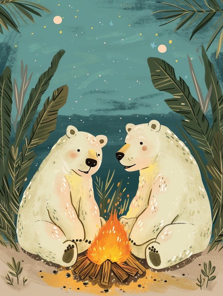 Polar Bear Two Bears Sitting Together By A Campfire Storybook Illustration 3