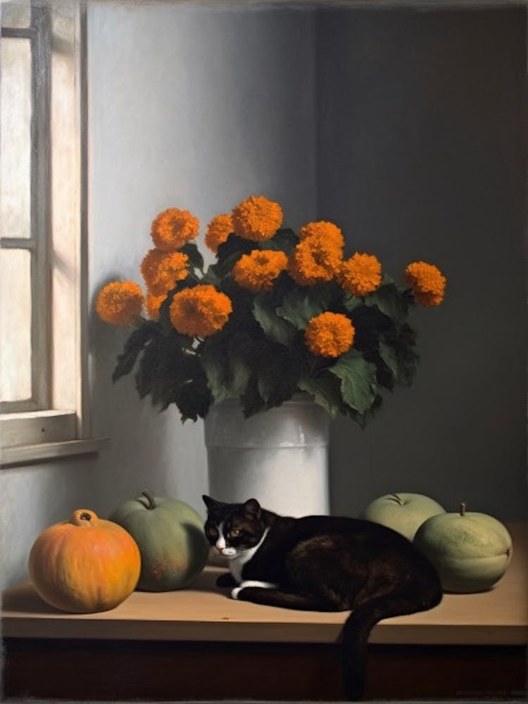 Painting Of A Still Life Of A Lilies With A Cat, Realism 3