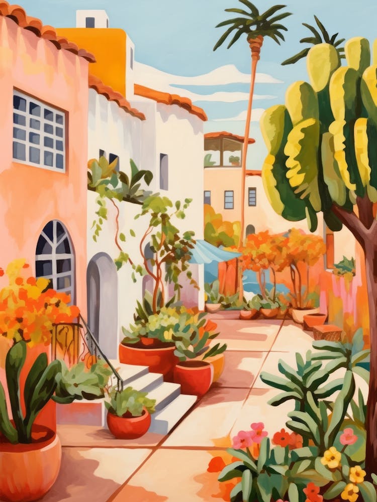 Bright Gouache Moroccan Courtyard. Retro Travel