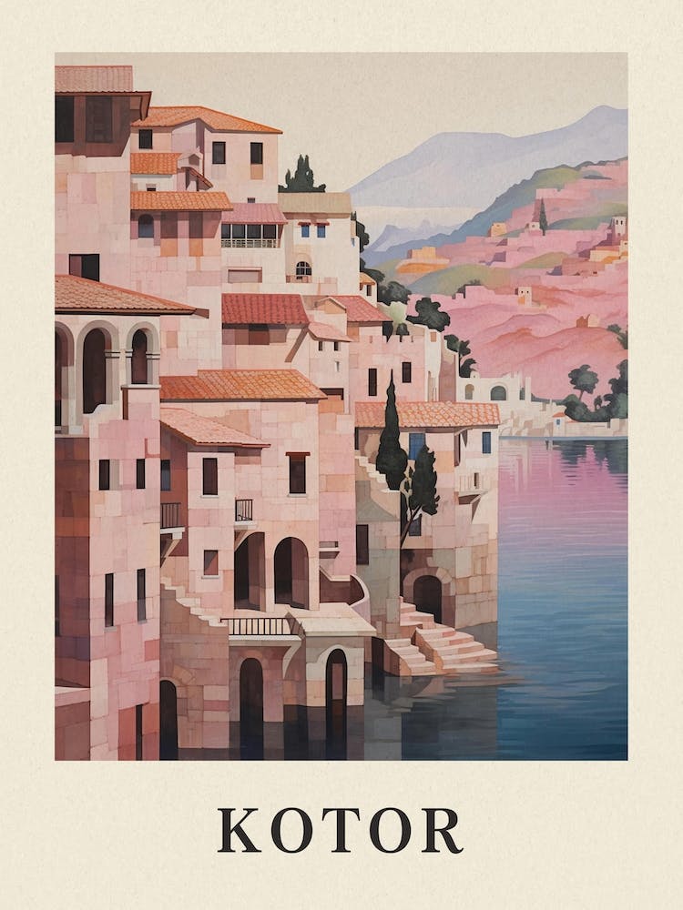 Kotor Montenegro 1 Vintage Pink Travel Illustration Poster