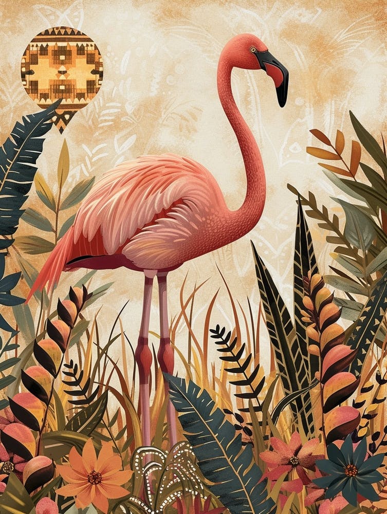 Grand Flamant Rose et Héliconia Impression Boho 1