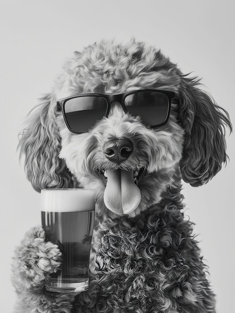 Goldendoodle Drinking Beer Wall Art, Black And White Print, Beer Alcohol Print, Funny Dog Poster, Bar Cart Decor, Kitchen Wall Decor