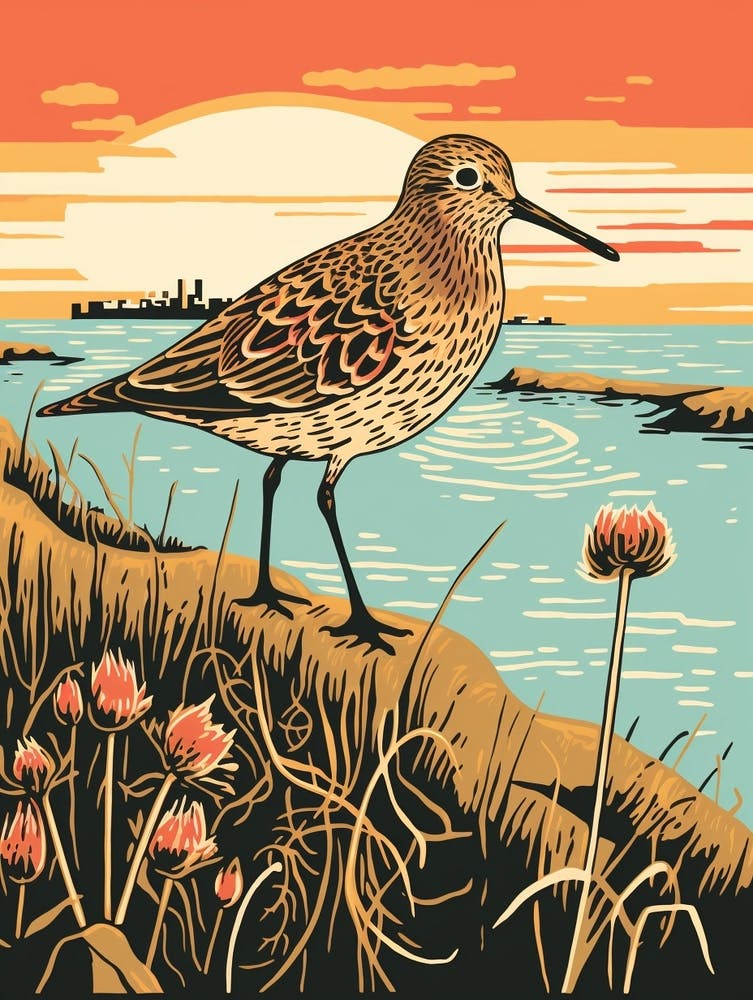 Vintage Bird Linocut Dunlin 5