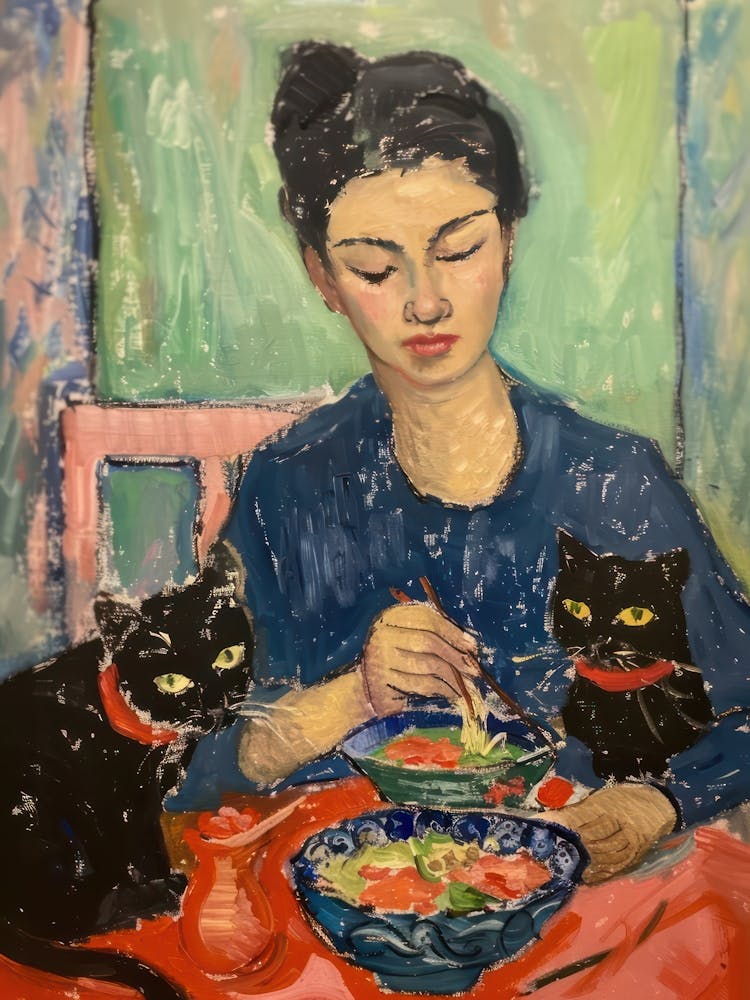 Portrait Of A Girl With Cats Eating Ramen 2