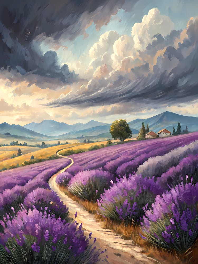 Ölgemälde-Stil Gewundene Lavendelfelder Rustikale Landschaft mit Bergen