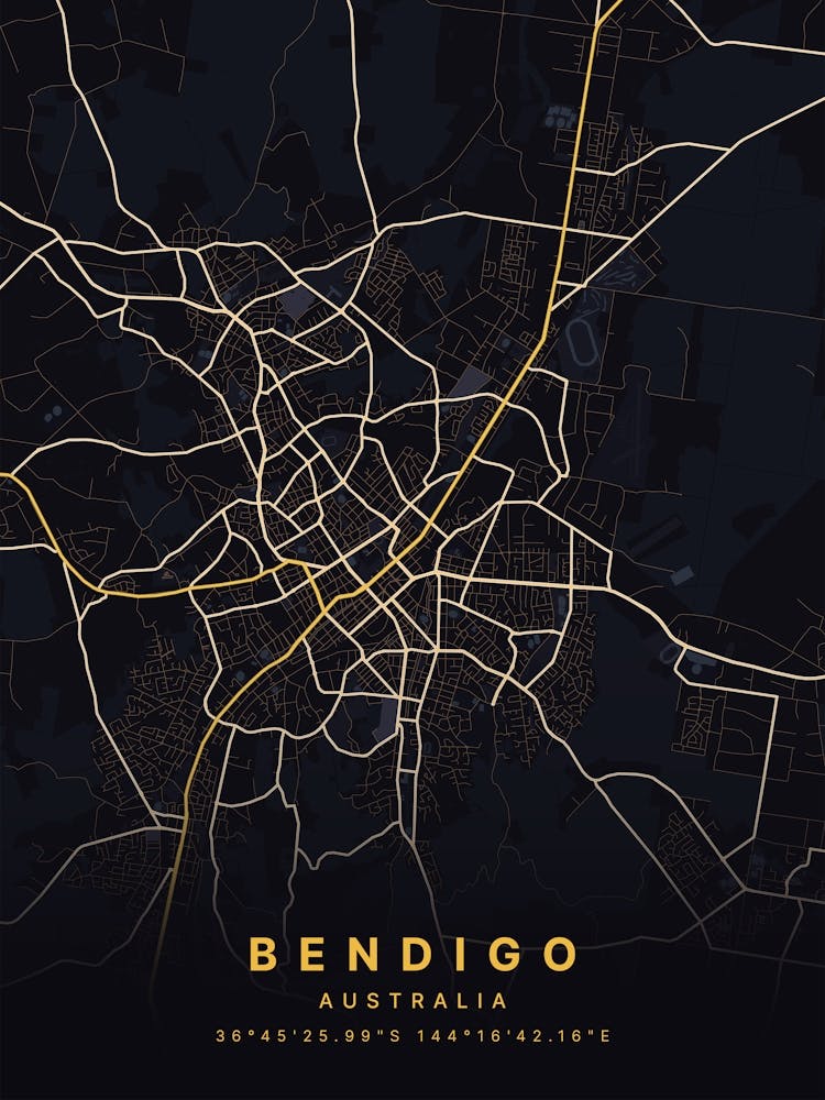 Bendigo Australia Black And Gold Map