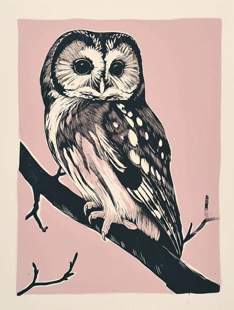 Northern Saw Whet Owl Linocut Blockprint 2