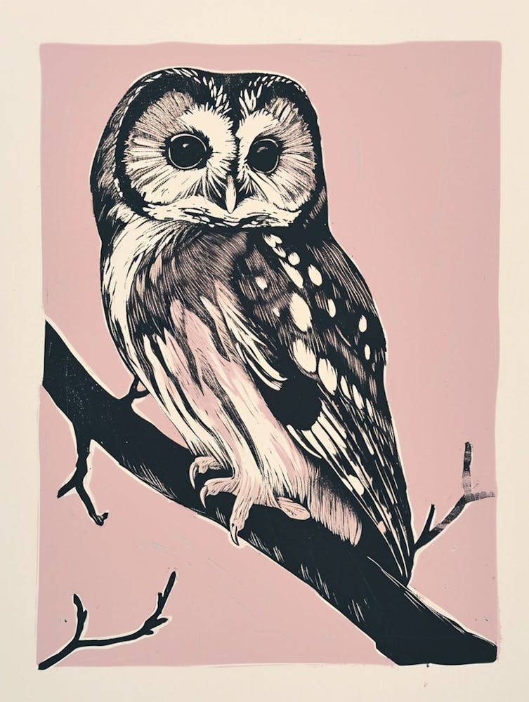 Northern Saw Whet Owl Linocut Blockprint 2