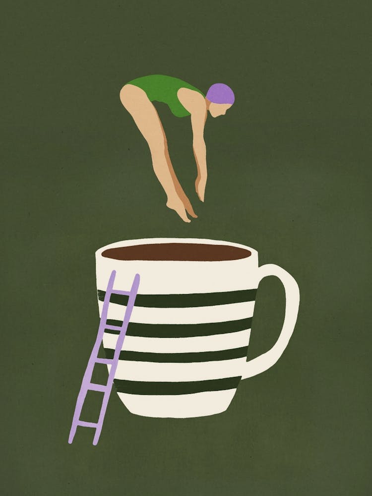 Surreal Minimalist Coffee Diver Art Green Wall Decor for Kitchen, Dining Room, Coffee Bar, Office - Coffeee Lover Quirky Funny, Trendy Contemporary Modern Home, Whimsical Eclectic Interior