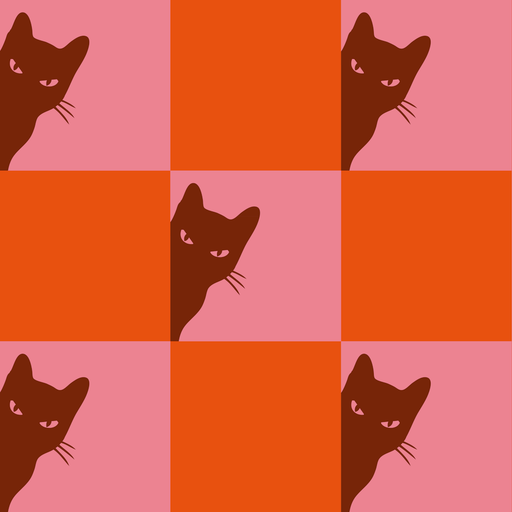 Playful Check board Cat Peeping Pattern In Pop Red Pink 02