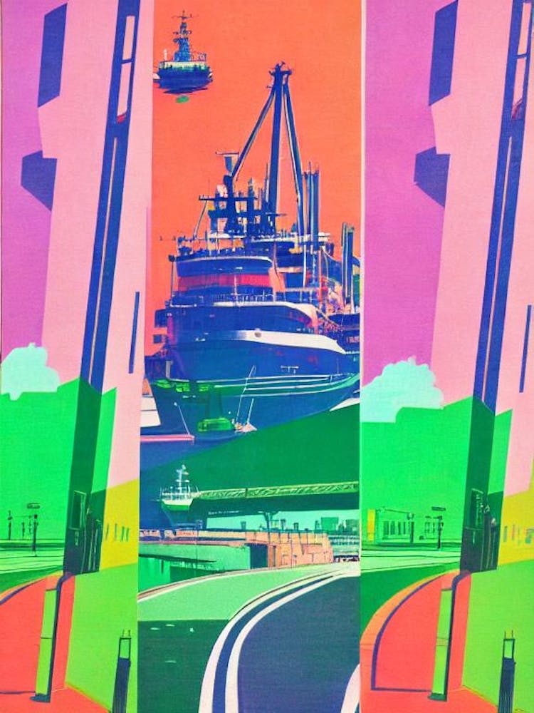 Hafen von Bilbao Spanien Retro-Risographie-Druck 2 Hafen