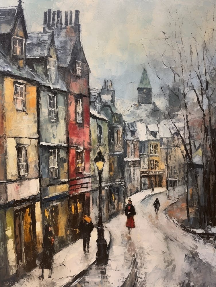 Vintage Winter Painting Edinburgh Scotland 1