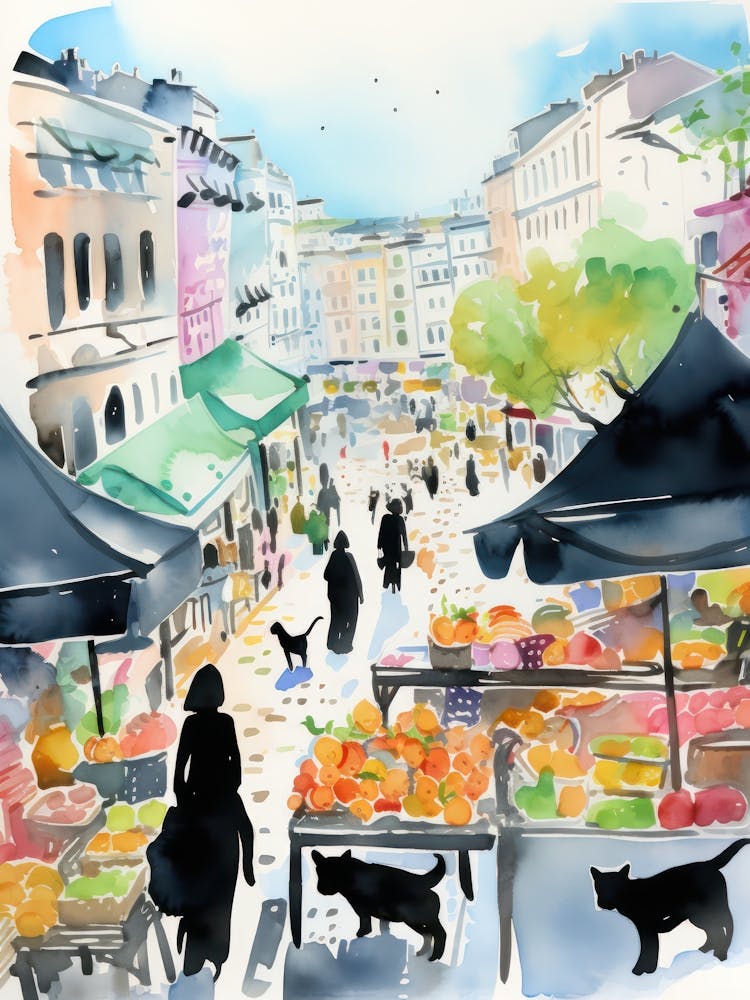 Food Market With Cats In Lisbon 1 Watercolour