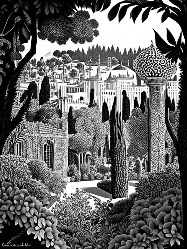 Gardens Of Alhambra, 1, Spain Linocut Black And White Vintage