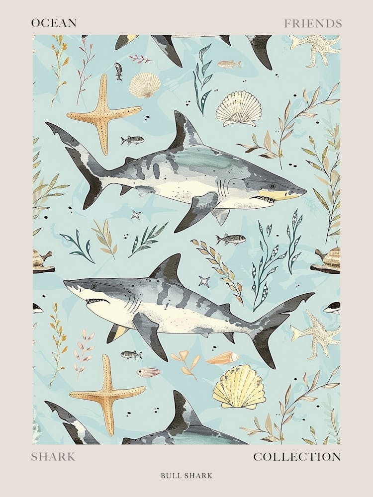 Pastel Blue Bull Shark Watercolour Seascape Pattern 2 Poster
