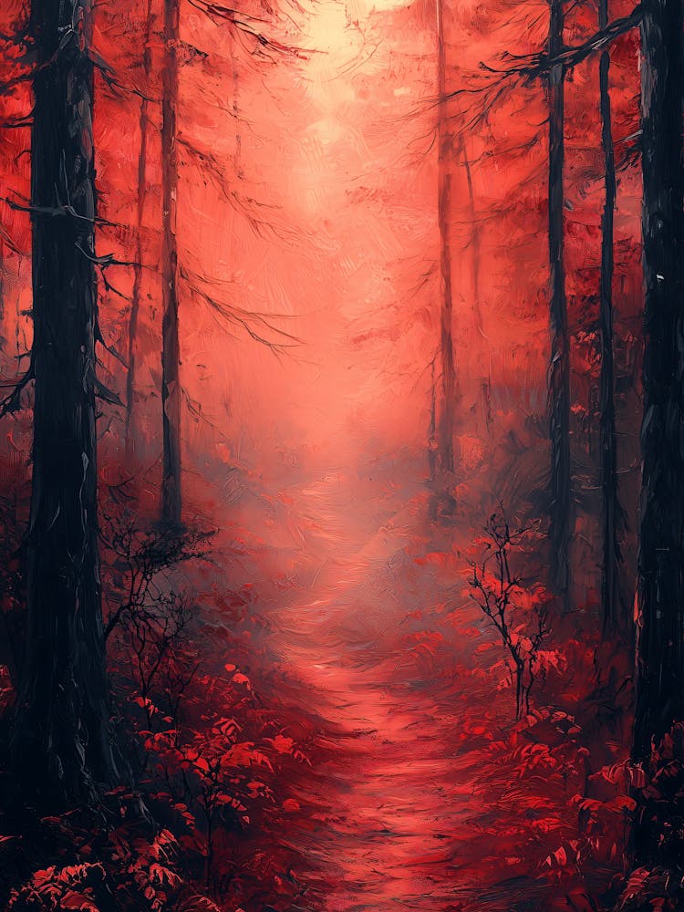 Red Forest Path, Monochrome, Charcoal Style
