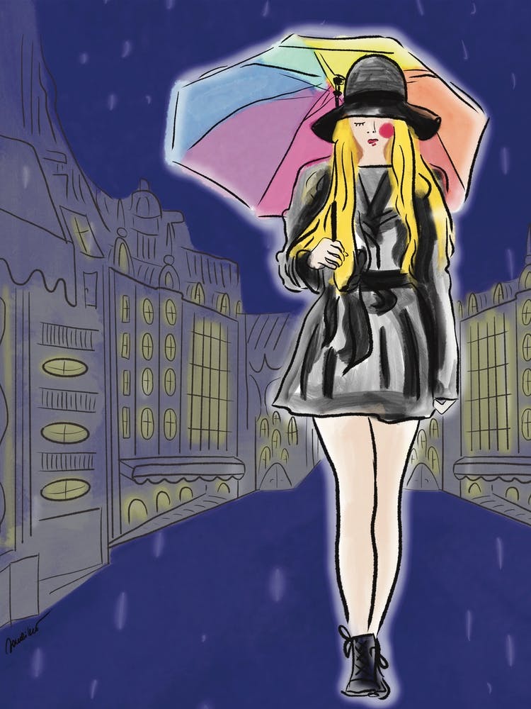 Girl With Rainbow Umbrella Walking Trough The Rainy Night