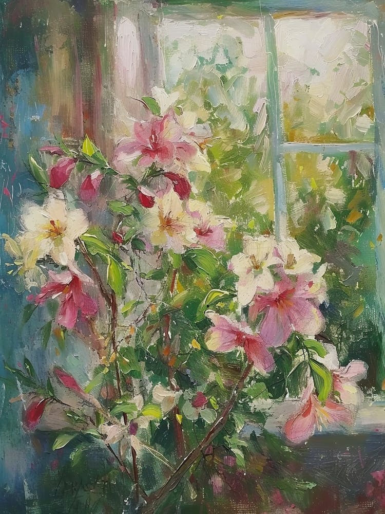 Azalea Flowers On A Cottage Window 4
