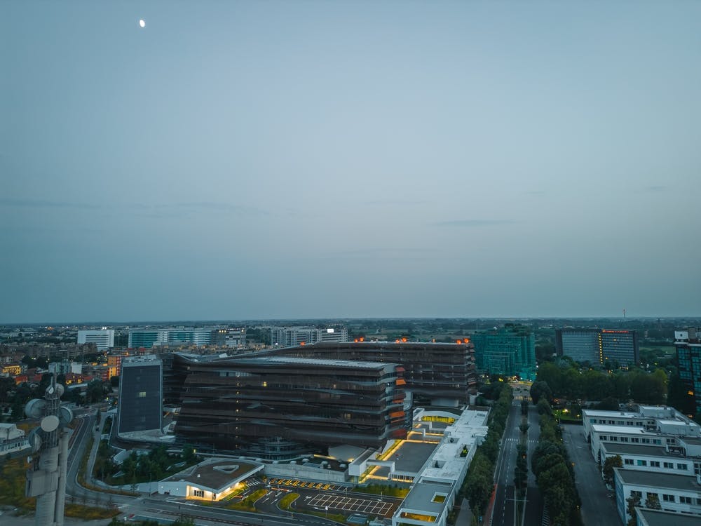 San Donato Skyline: Aerial Views from the Drone. Modern office buildings. Foto Aerea