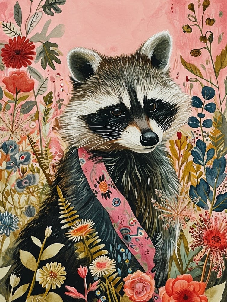 Floral Animal Painting Raccoon 2