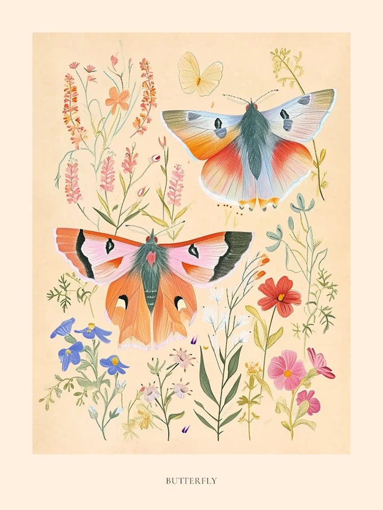 Folksy Floral Animal Drawing Butterfly 2 Poster