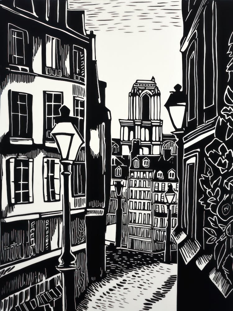 Paris France Linocut Illustration Style 4