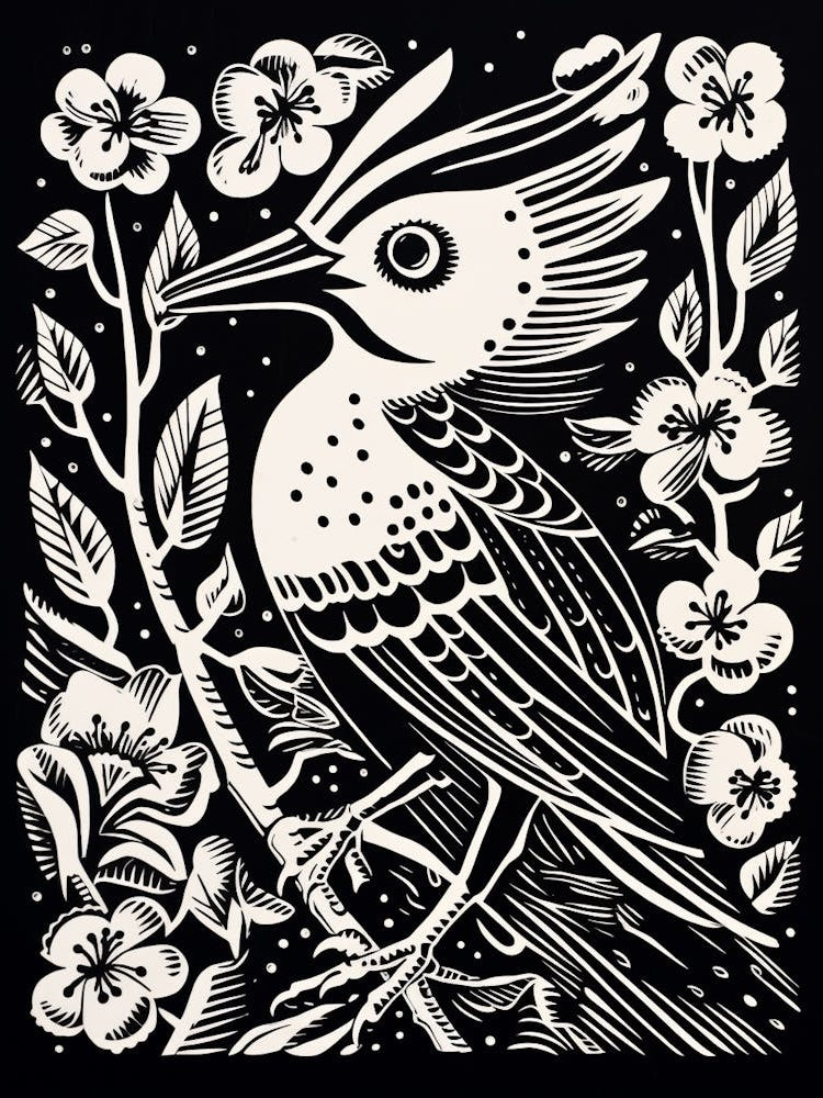 B&W Bird Linocut Hoopoe 3