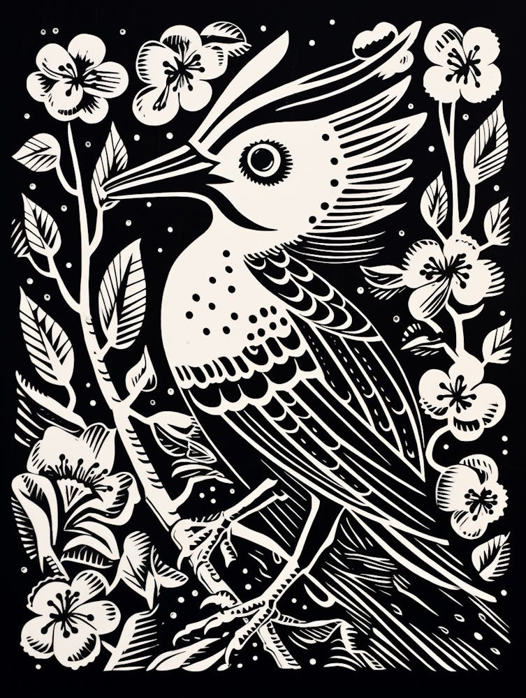B&W Bird Linocut Hoopoe 3