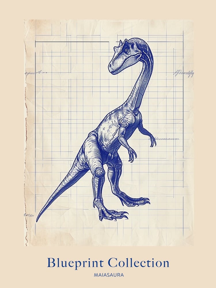Maiasaura Dinosaur Blue Print Sketch 2 Poster