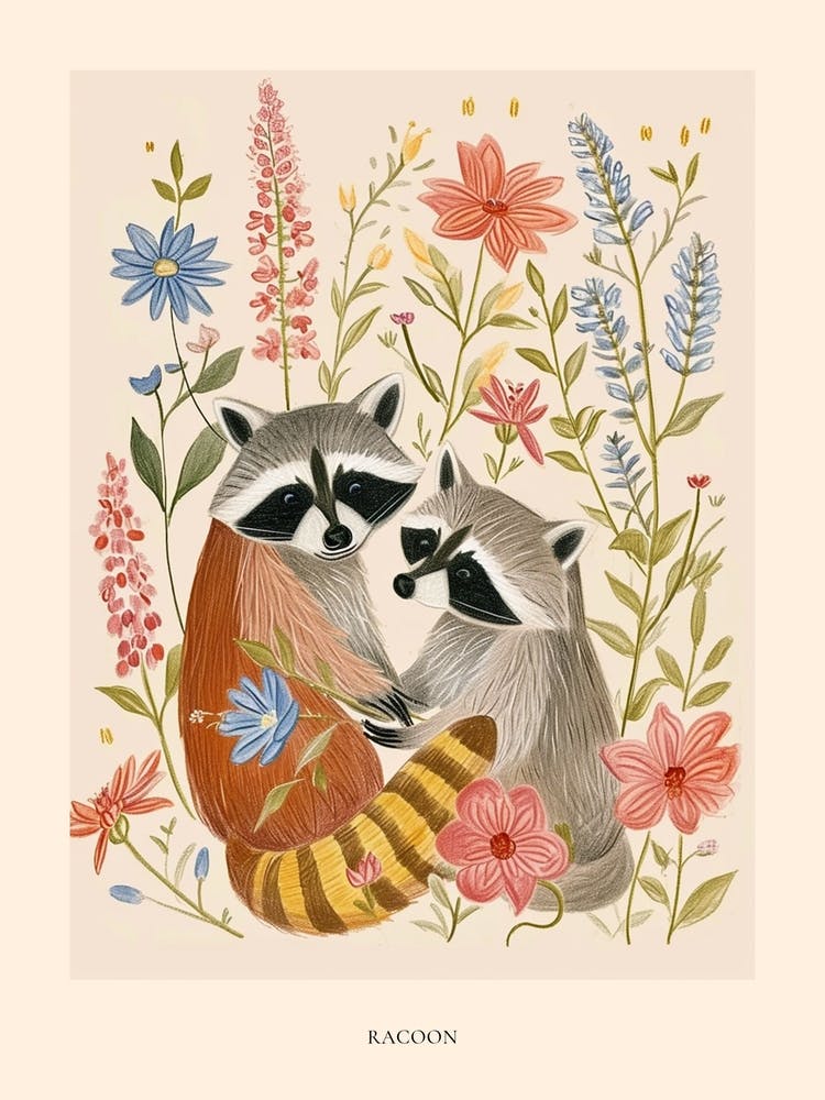Folksy Floral Animal Drawing Racoon 2 Poster