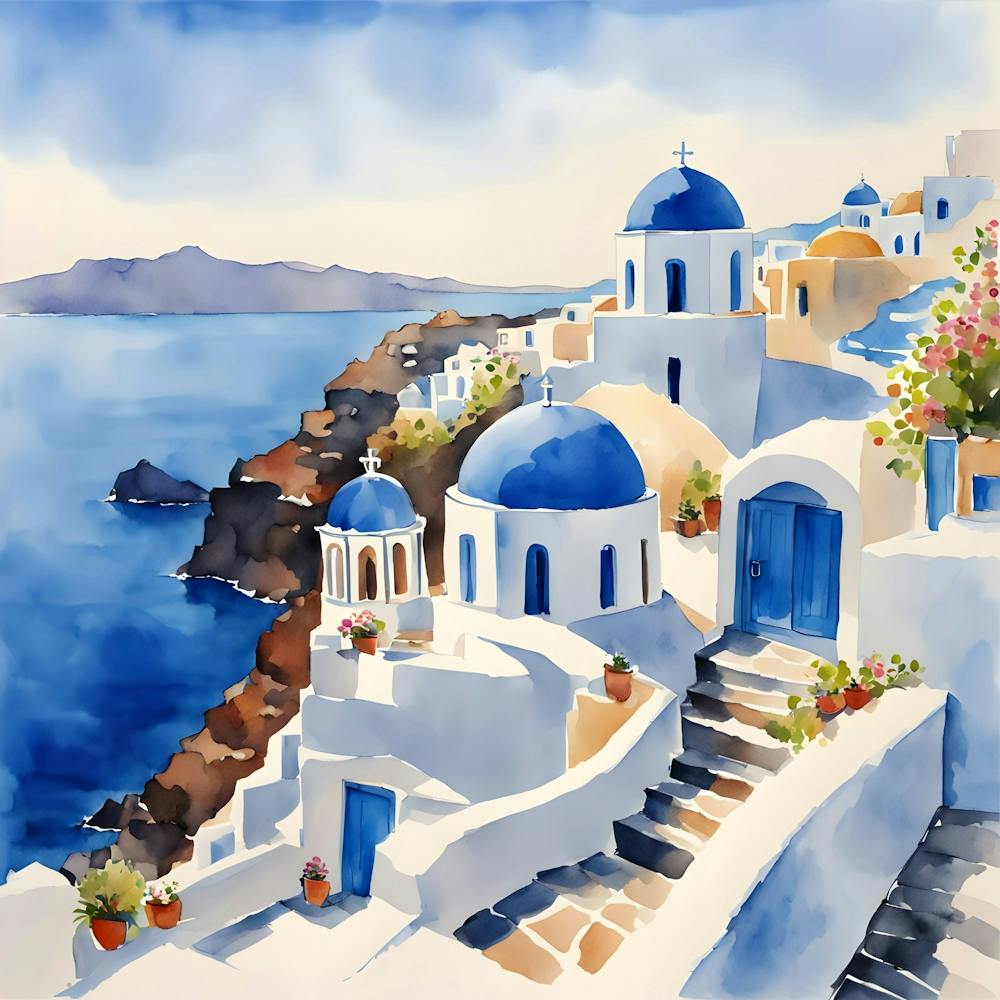 Santorini Greece Watercolor 1