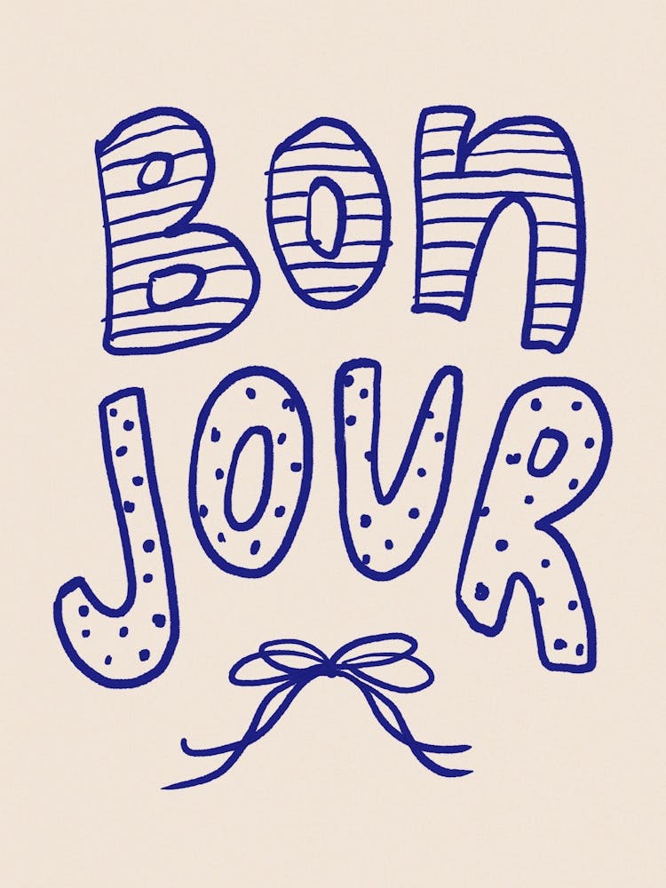 Bonjour. French Whimsical Bow Line Art. Typography