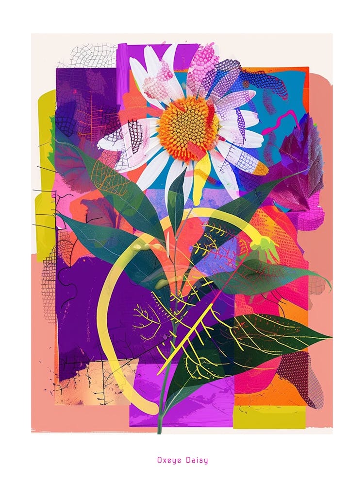 Oxeye Daisy 4 Neon Flower Collage Poster