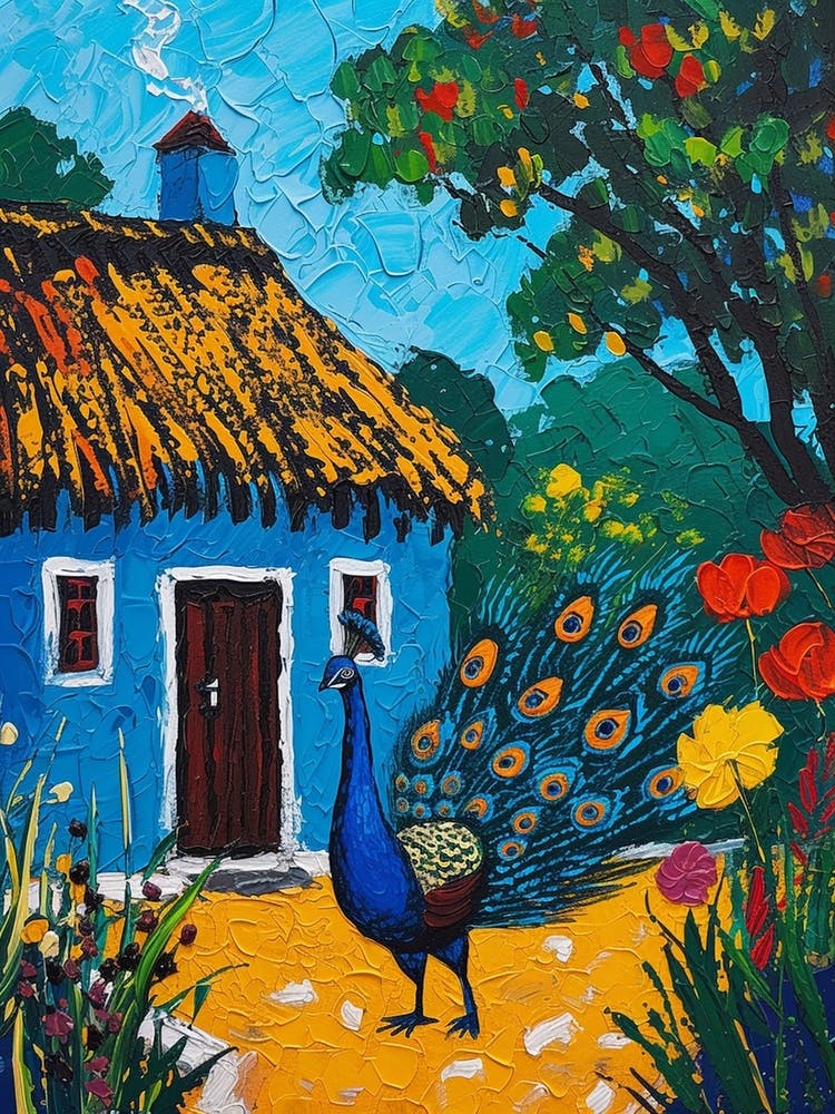 Peacock By A Thatched Cottage Textured Painting 1