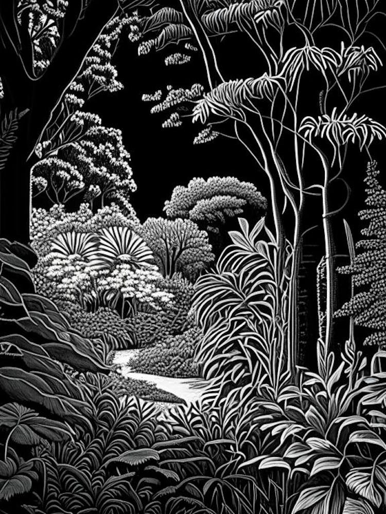 Norfolk Botanical Garden, 1, Usa Linocut Black And White Vintage