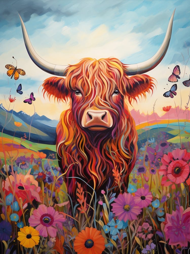 Digital Portrait Of Highland Cow & Butterflies 1