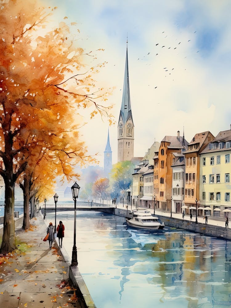 Zurich Switzerland In Autumn Fall, Watercolour 4