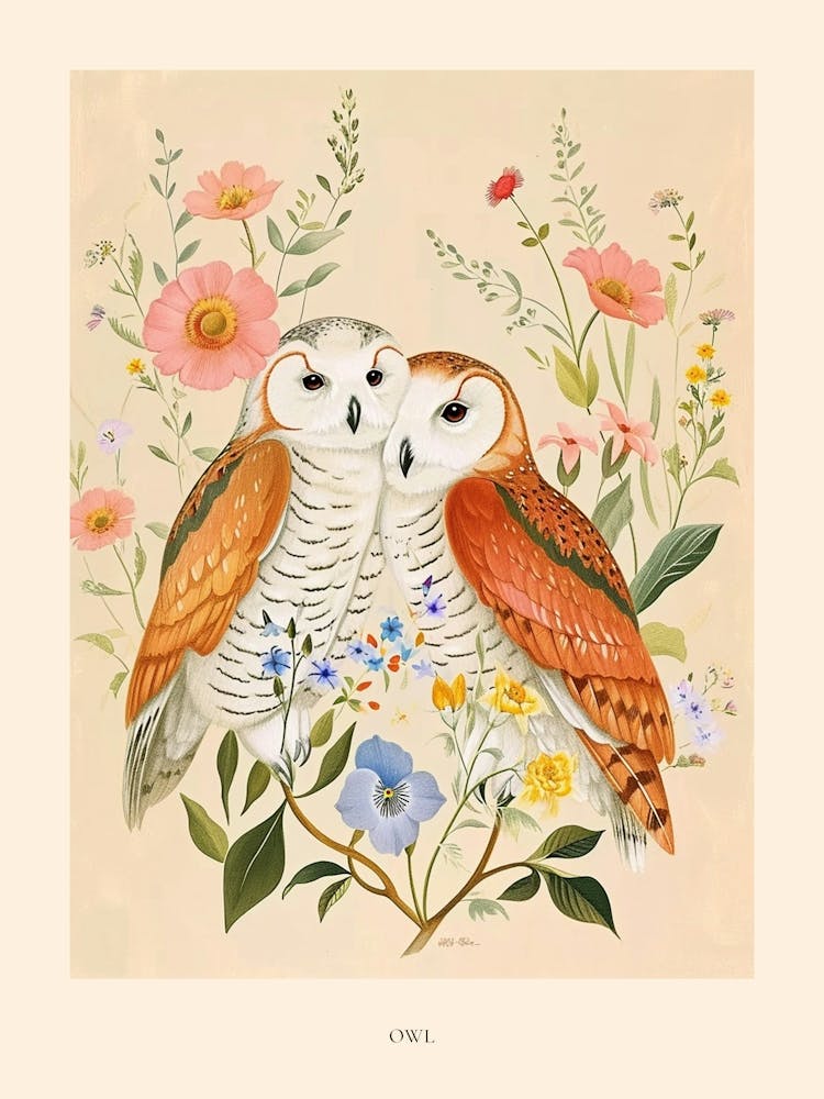 Folksy Floral Animal Drawing Owl 2 Poster