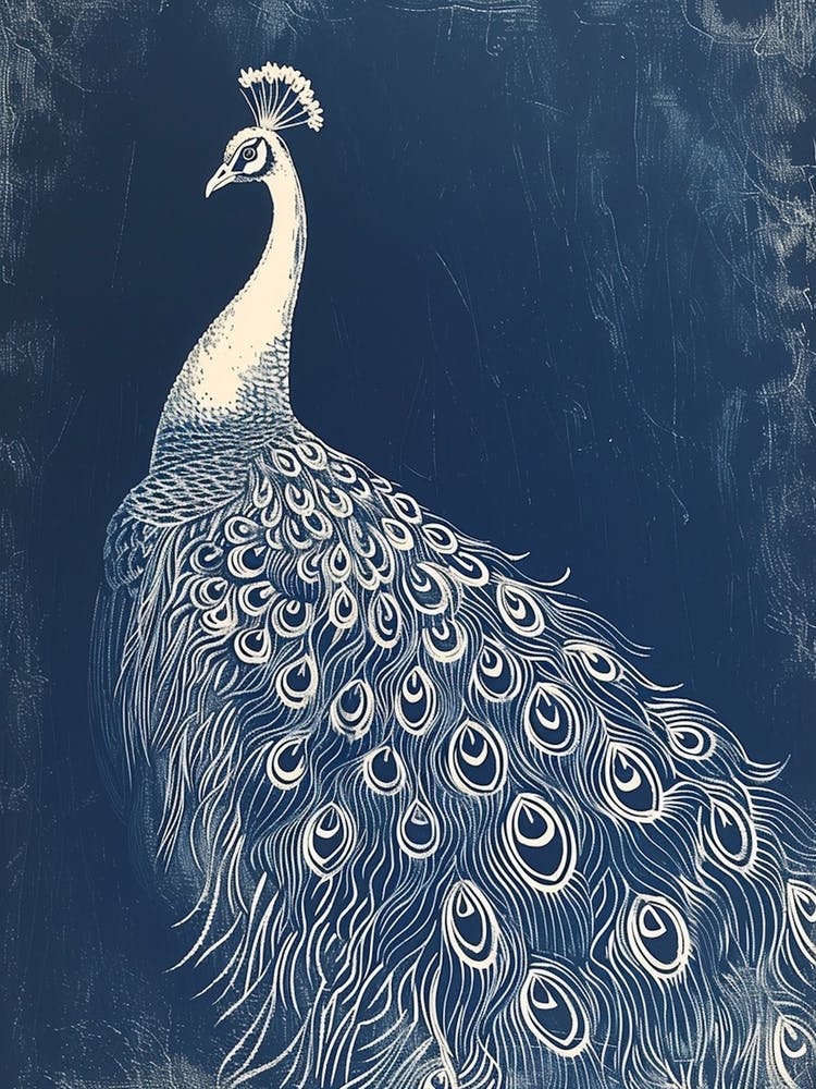 Navy Blue Peacock Linocut Portrait 1