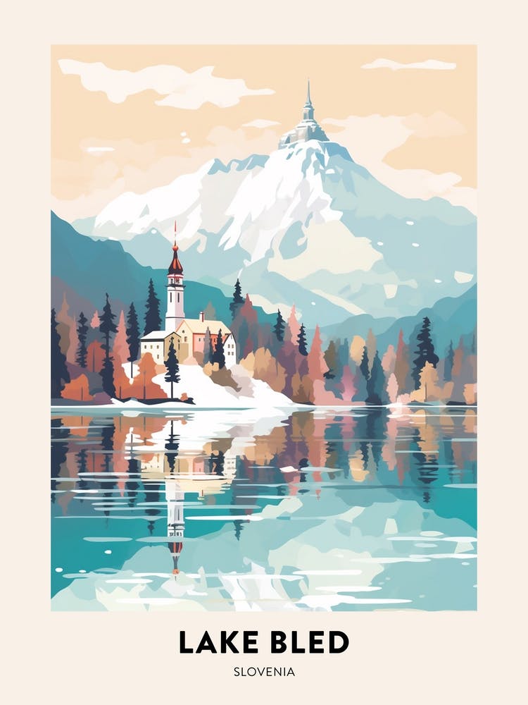 Vintage Winter Travel Poster Lake Bled Slovenia 3