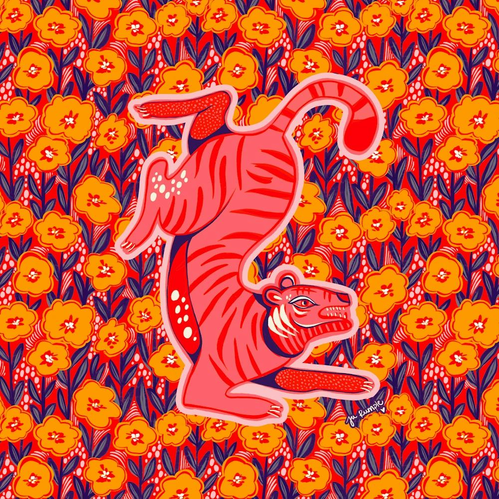 Golden tiger with flowers