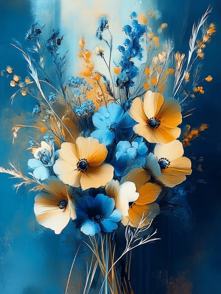 Bouquet Of Flowers In Blue And Yellow Tones