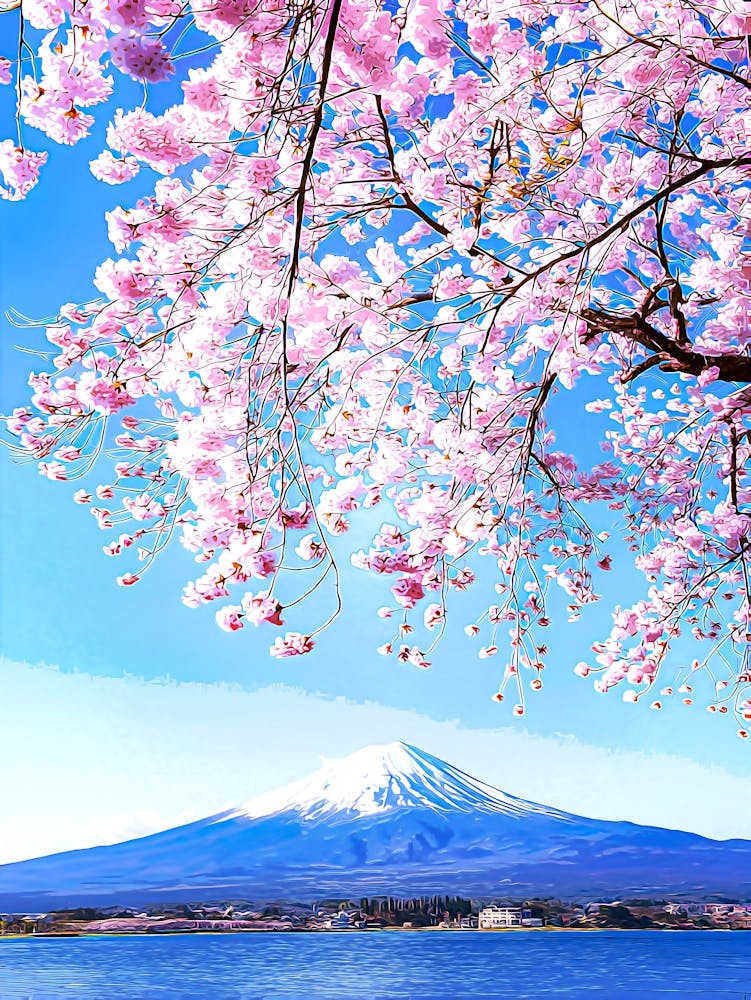 Fuji Mountain And Pink Sakura Branches At Kawaguchiko Lake, Japan