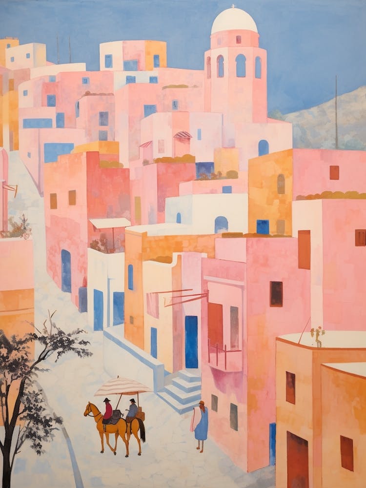 Santorini Greece 1 Vintage Pink Travel Illustration