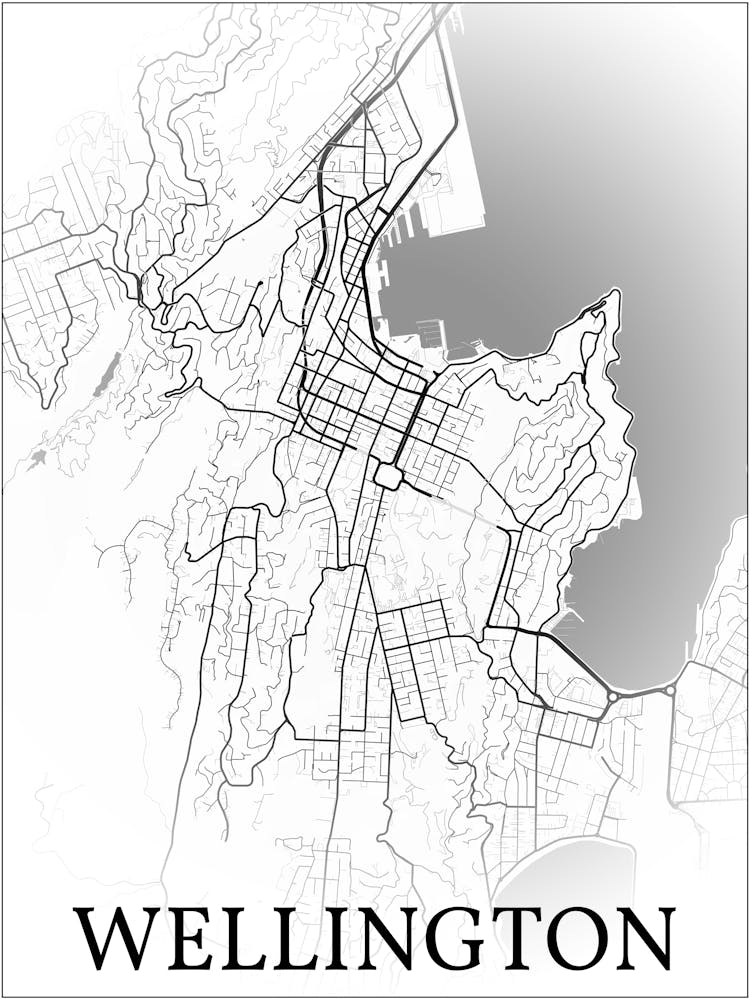Wellington, New Zealand, City Map, Black And White Fade Design