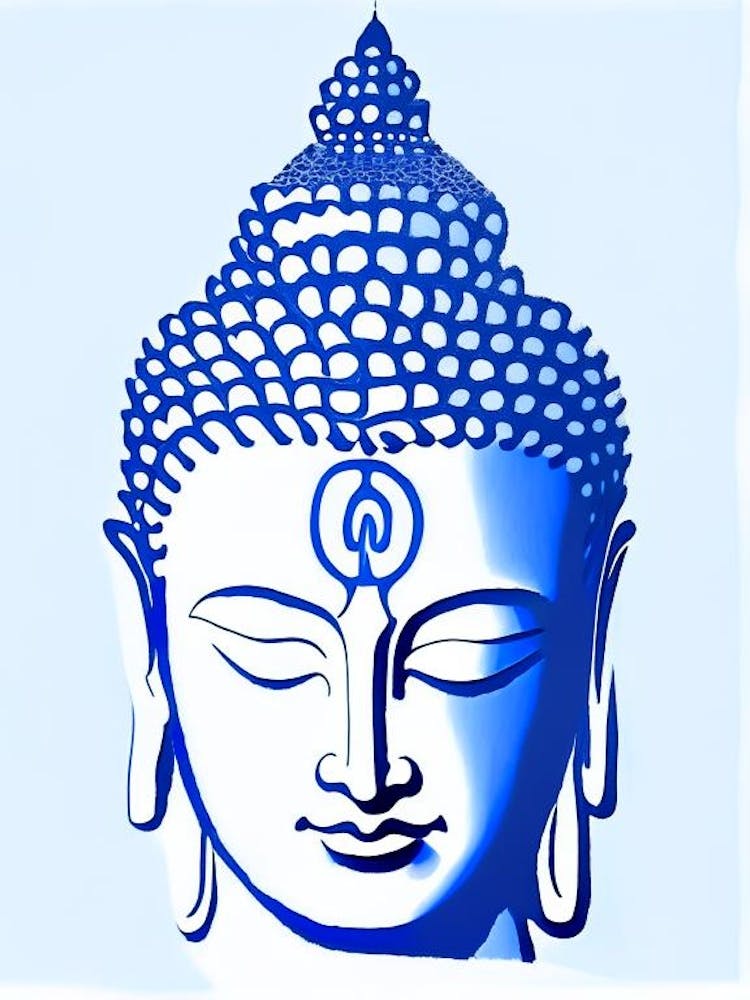 Buddha Symbol Blue And White 1 Line Drawing