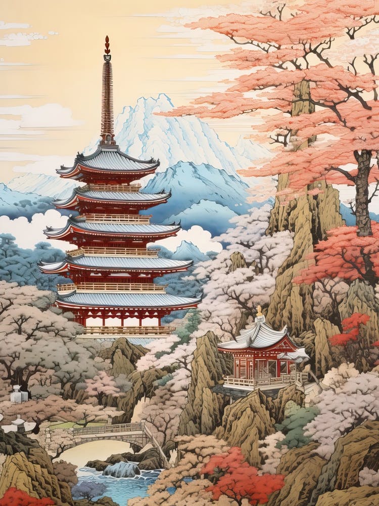 Chureito Pagoda In Yamanashi, Ukiyo E Drawing 2