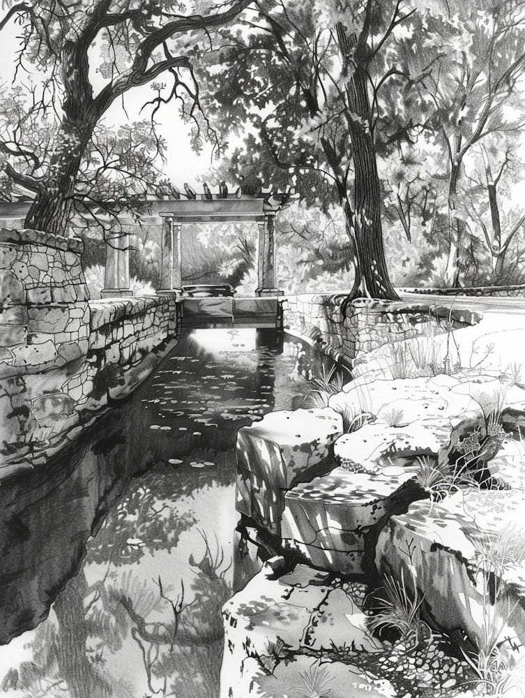 Hamilton Pool Preserve Austin Texas Black And White Drawing 2