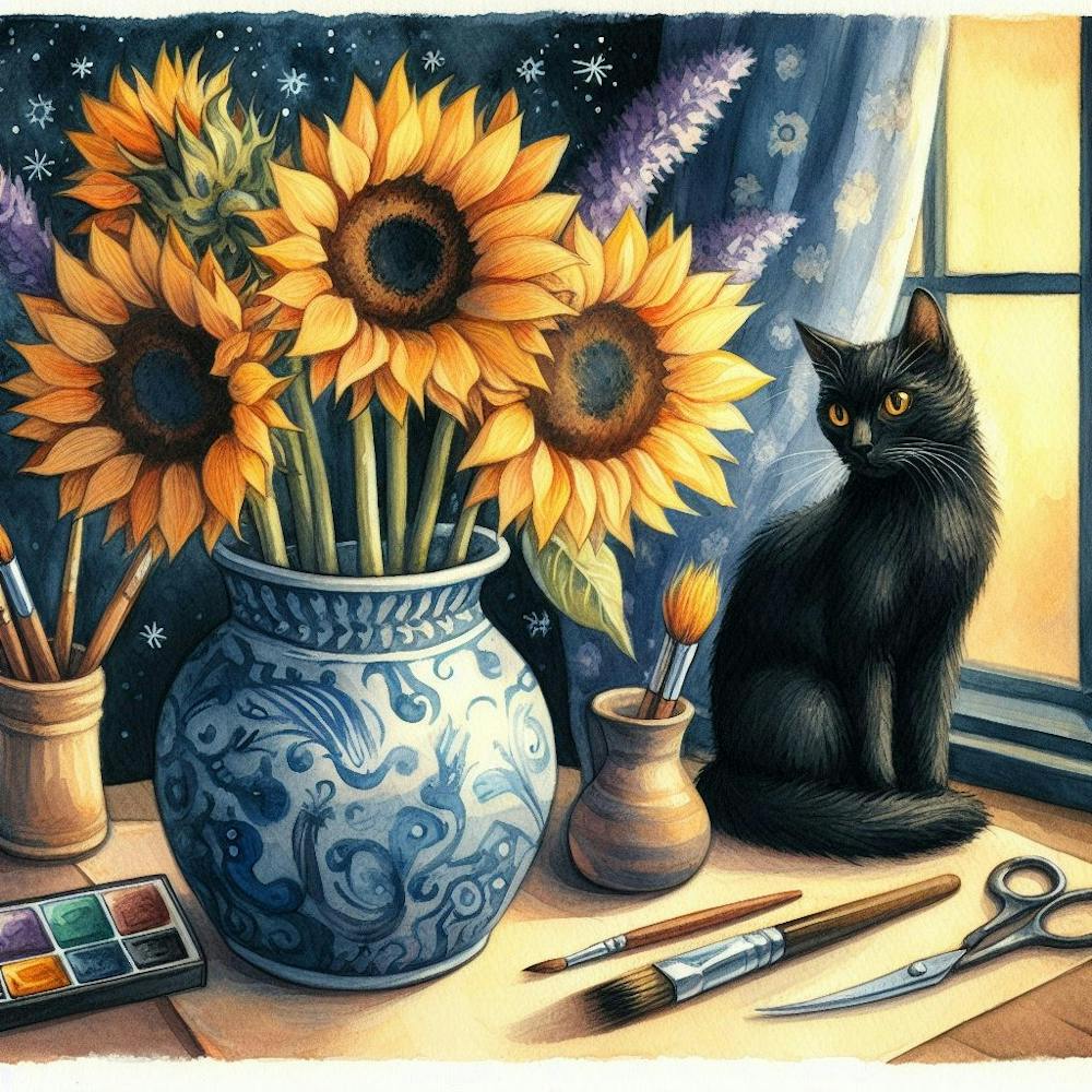 Sunflowers watercolor pestel painting Vase With Three Sunflowers With A Black Cat, Van Gogh Inspired 1